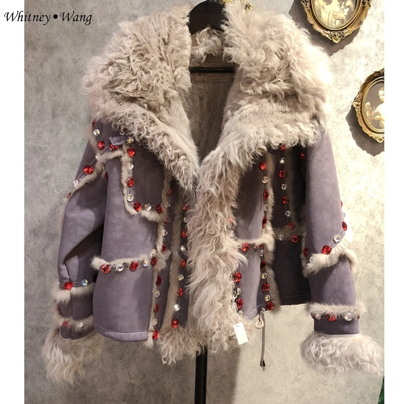 Whitney Wang Designer Style 2023 Autumn Winter Fashion Streetwear Crystals Beading Skutočný kožušina Ženy Outwear
