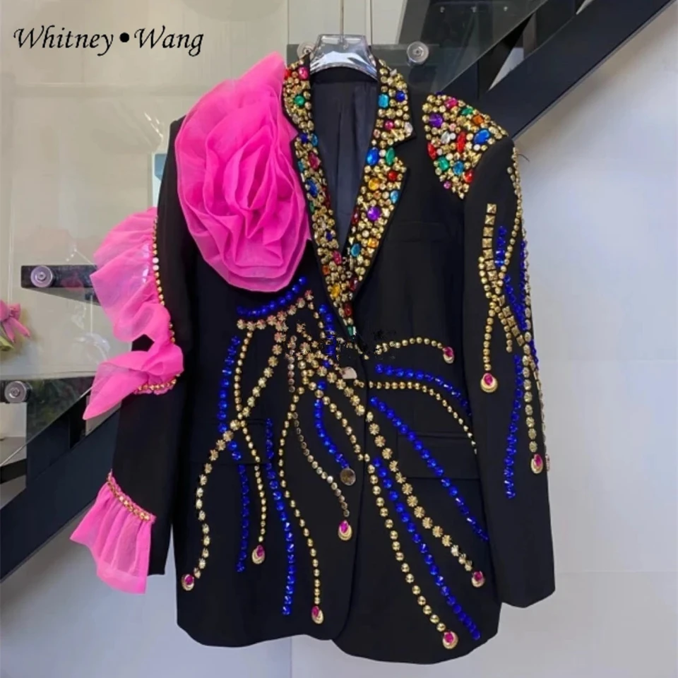 Whitney Wang Designer Style 2024 Autumn Fashion Streetwear Ručne vyrábané kryštály Beading Ruffles Blazer Dámske večierky