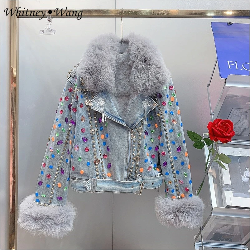 Whitney Wang Designer Style 2024 Autumn Winter Fashion Streetwear Crystals Beading Faux kožušina džínsový kabát Ženy