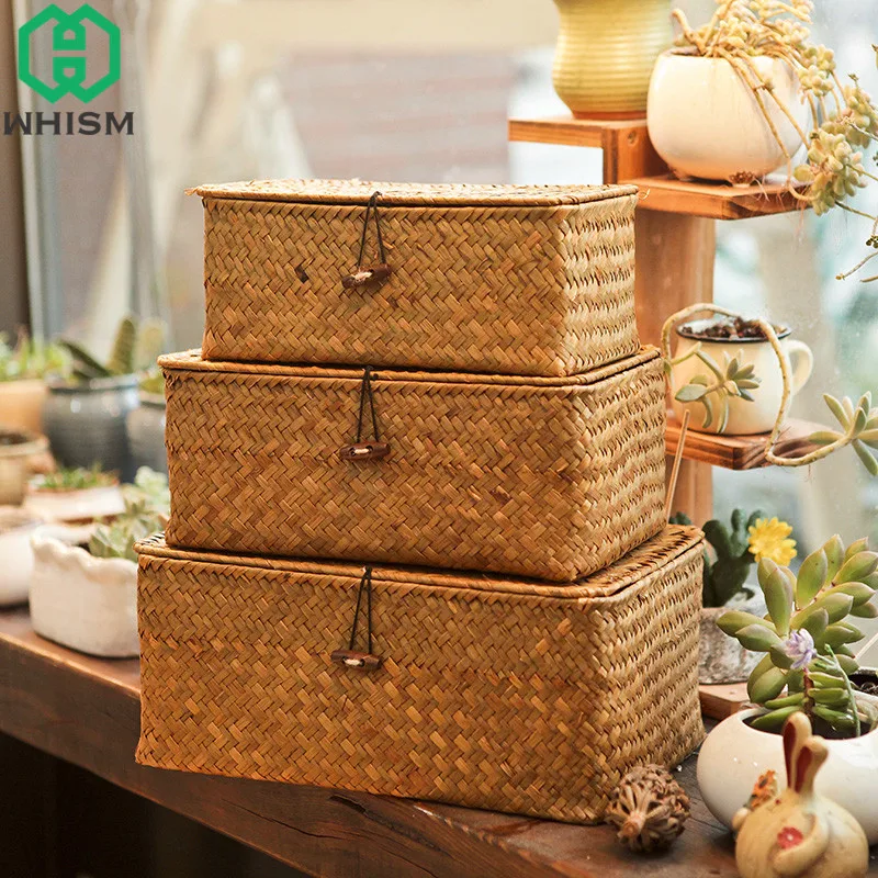 Whizm-Wicker Woven Storage Basket s vekom, úložná skrinka Rattan Sundries, ručne vyrábané triediace boxy, organizátor šperkov z morských rias
