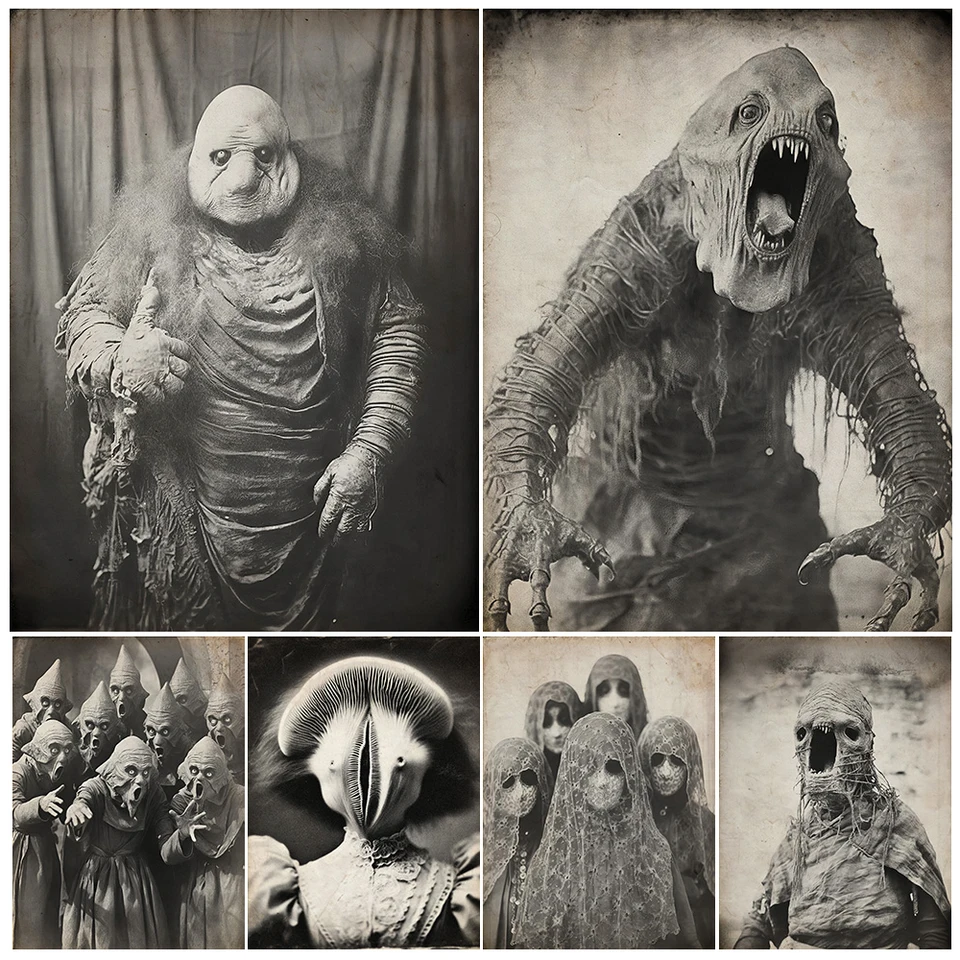 Wicker Mummy, Ghoul, Bee Man, viktoriánska freak show fotografia retro nástenné umenie plátno, tlač Antique Monster Photo Art Plagát
