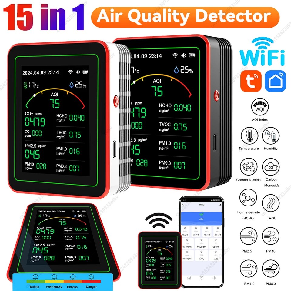 WiFi 15-v-1 detektor kvality ovzdušia TFT Displej prenosného AQI PM0.3 PM1.0 PM2.5 PM10 Tester