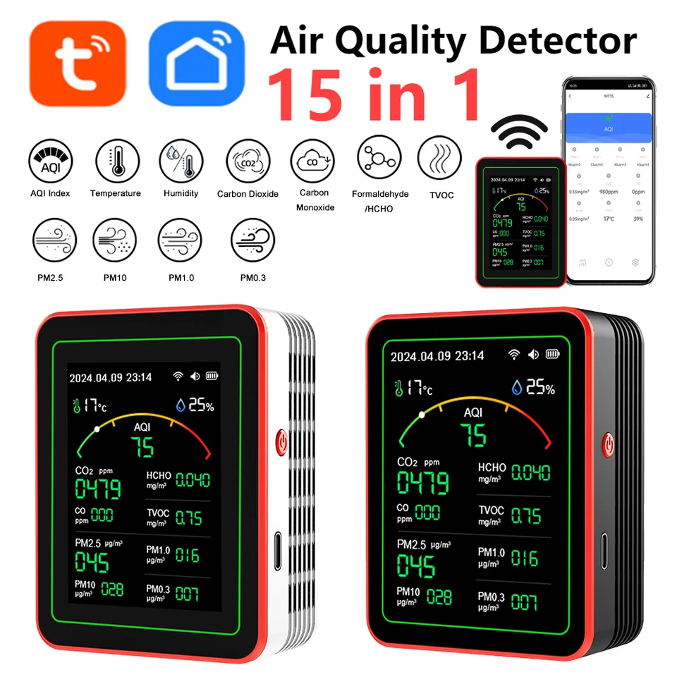 WiFi 15-v-1 Monitor kvality ovzdušia CO2 metrov CO TVOC HCHO PM2,5 PM1.0 PM10