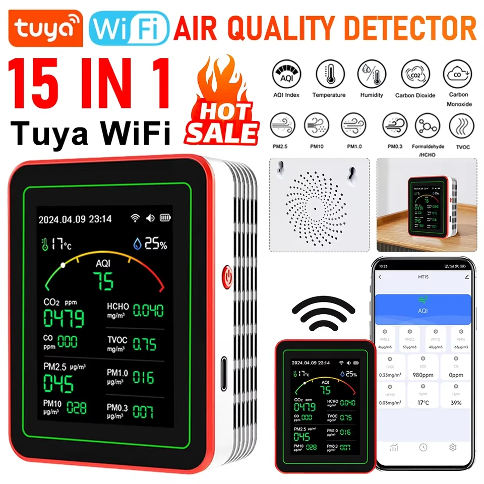 WiFi 15-v-1 prenosný AQI PM0.3 PM1.0 PM2.5 PM10 Tester TFT Display Household CO CO2 TVOC HCHO Tester Control Control CO2 Detektor