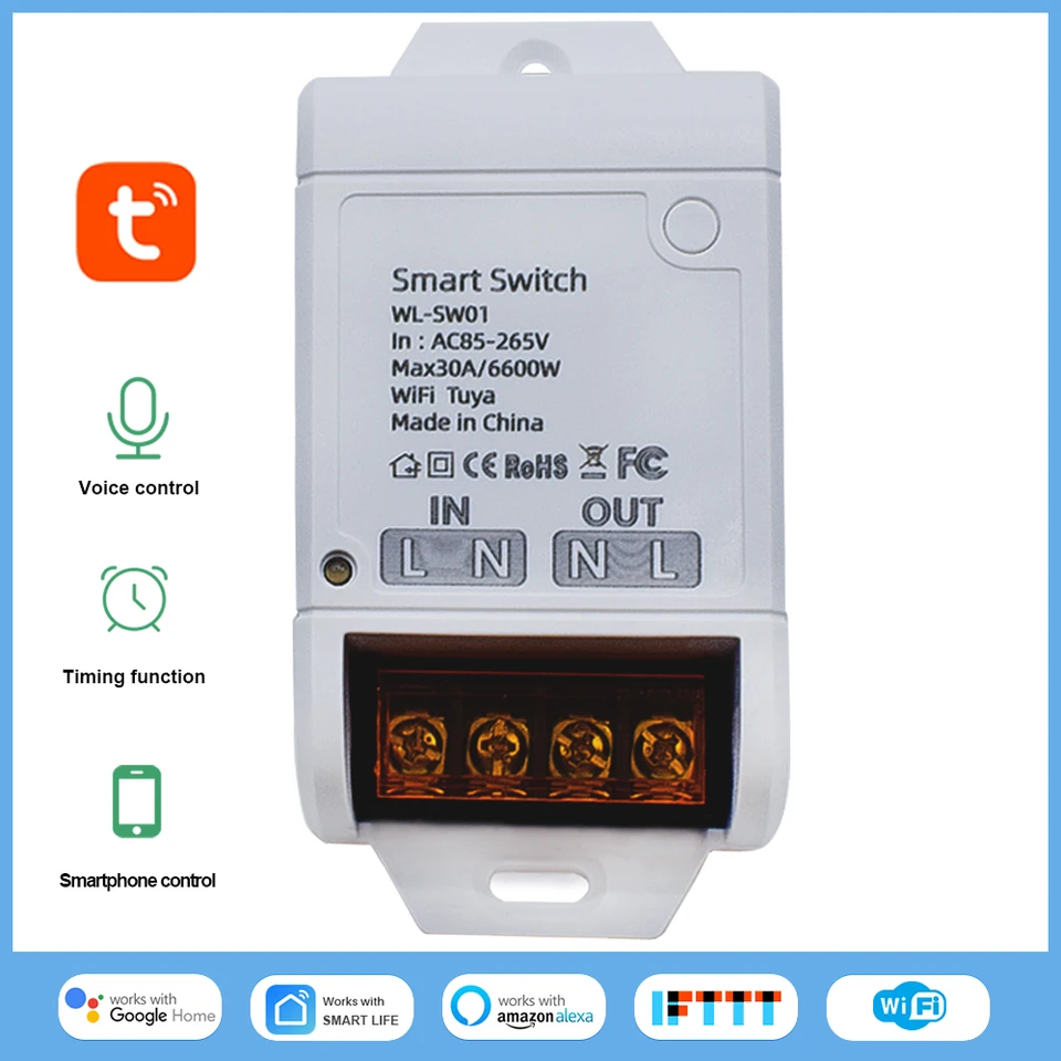 WIFI 30A 6600W reléový modul 85-265V 220V SMART SWITT CONDORLER SMARTLIFE TUYA APP APP DISTOČNÉ Ovládanie Alexa Google Home Automation Automation