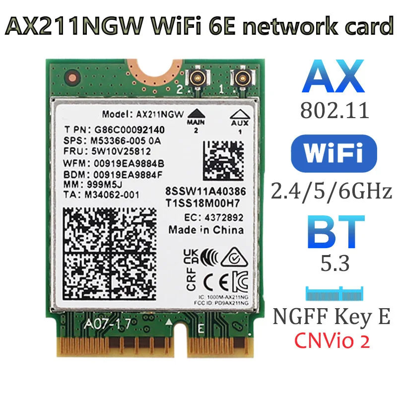 WiFi 6E 5374 MBPS AX211 CNVIO2 M.2 WiFi Wireless Card Bluetooth 5.3 802.11ax Dual Band WiFi6 Wifi6 Wireless Adapter pre Win10 11 11