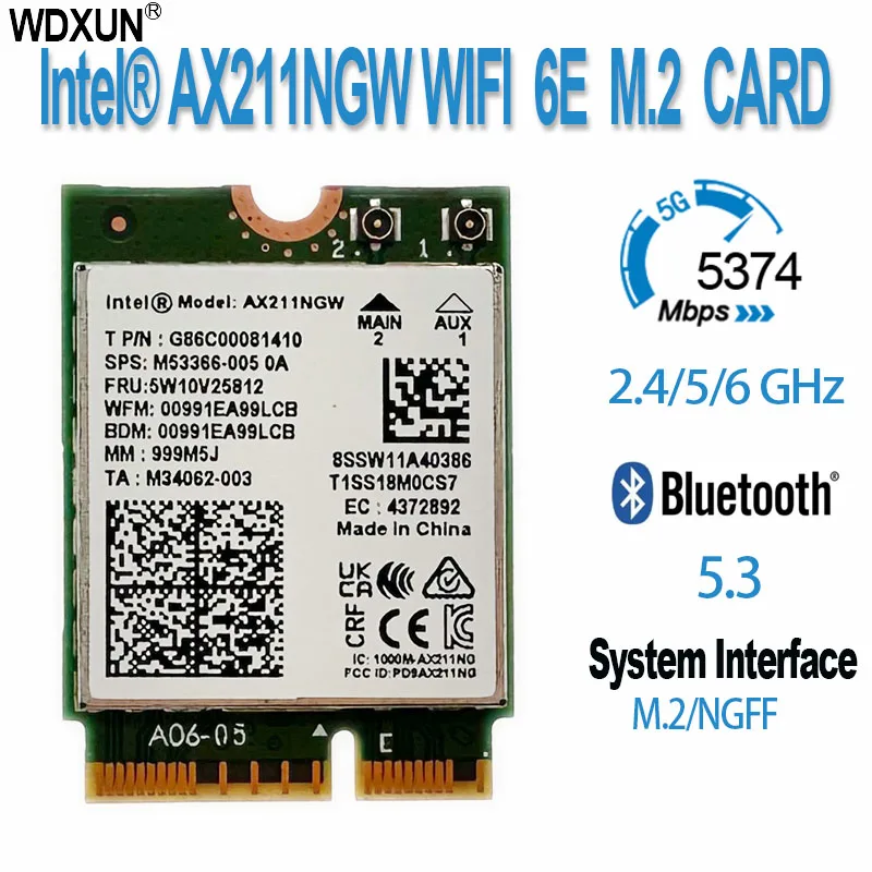 WiFi 6E 5374Mbps Intel AX211 CNVIO2 M.2 WiFi Wireless Card Bluetooth 5.3 802.11ax Dual Band WiFi6 WiFi6 Wireless Adapter pre Win10 64