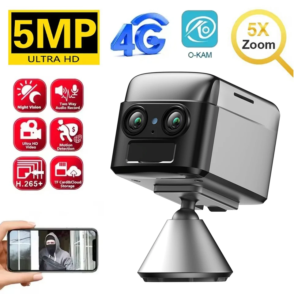 WiFi alebo 4G SIM Mini 4K Dual-Lens Camera 6X Zoom Detekcia Nočné videnie Nočné videnie 4000 mAh Veľká batéria Obojstranná interkomová dohľad