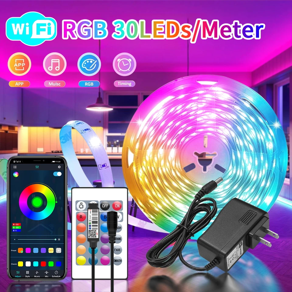 WiFi App 5050 RGB LED Strip 24K Ovládanie s batériou a napájacím zdrojom v USA pre domácu dekoráciu a okolité osvetlenie