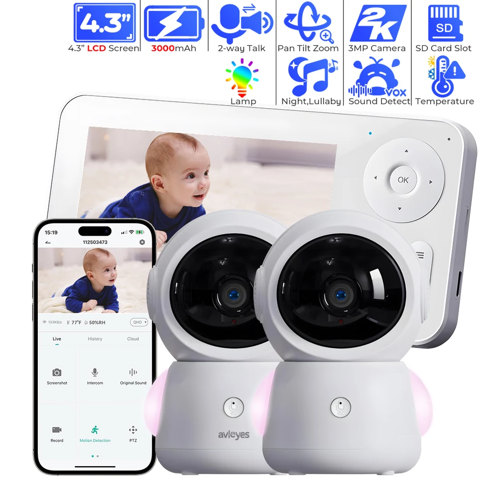 WiFi Baby Monitor cez obrazovku a ovládacie prvky aplikácie 2K a 4.3 Zobrazenie detského telefónu Lokálne úložisko RGB Light Motion Detect and Tracking