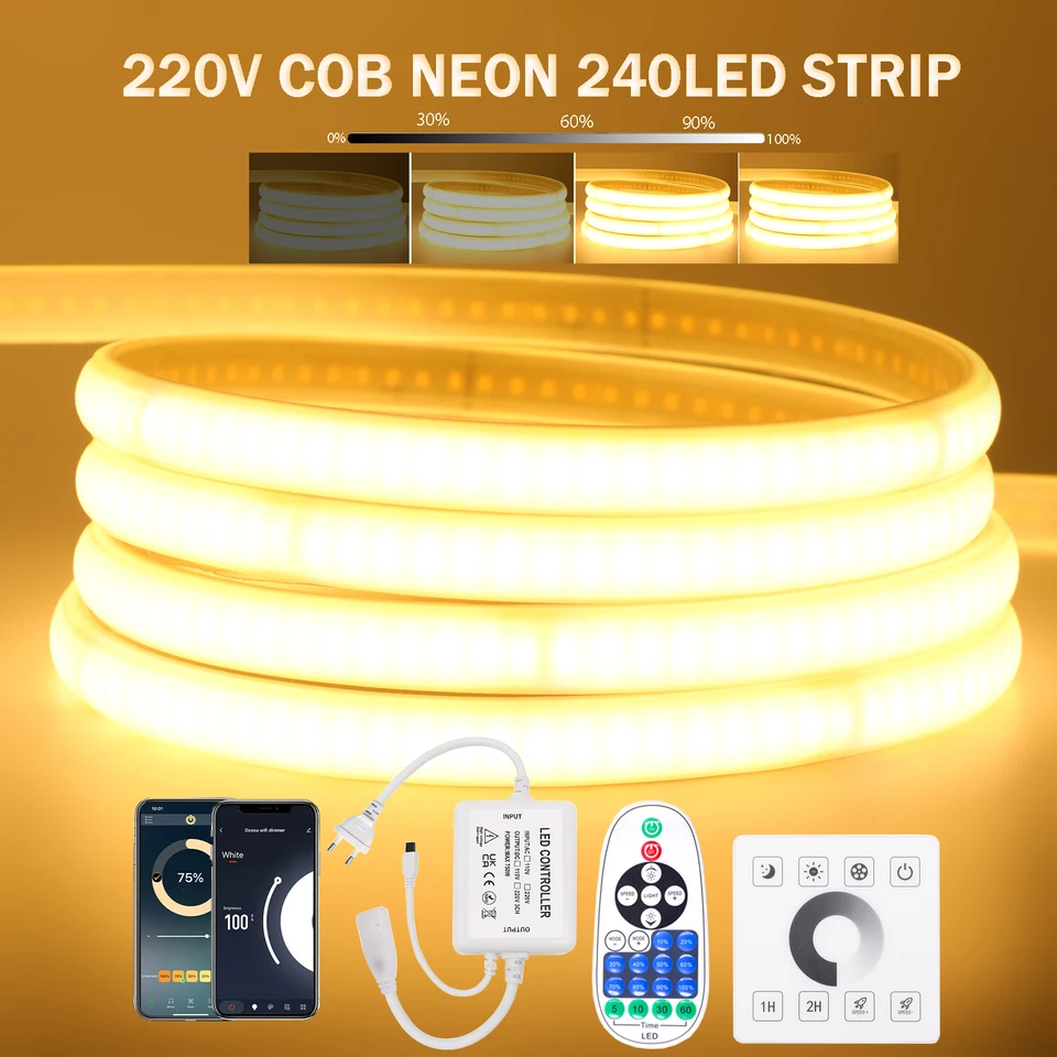 WiFi Bluetooth App Dommable Cob LED Light Strip 220V s lepiacou páskou 240 LEDS