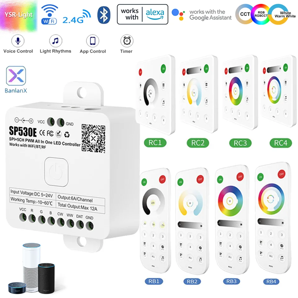 WiFi BT LED radič SP530E SPI+RF all-in-1 5CH PWM 5050 RGB RGBW RGBCCT WS2811 COB PWM DISTORE CONTROL pre Alexa Google HOME