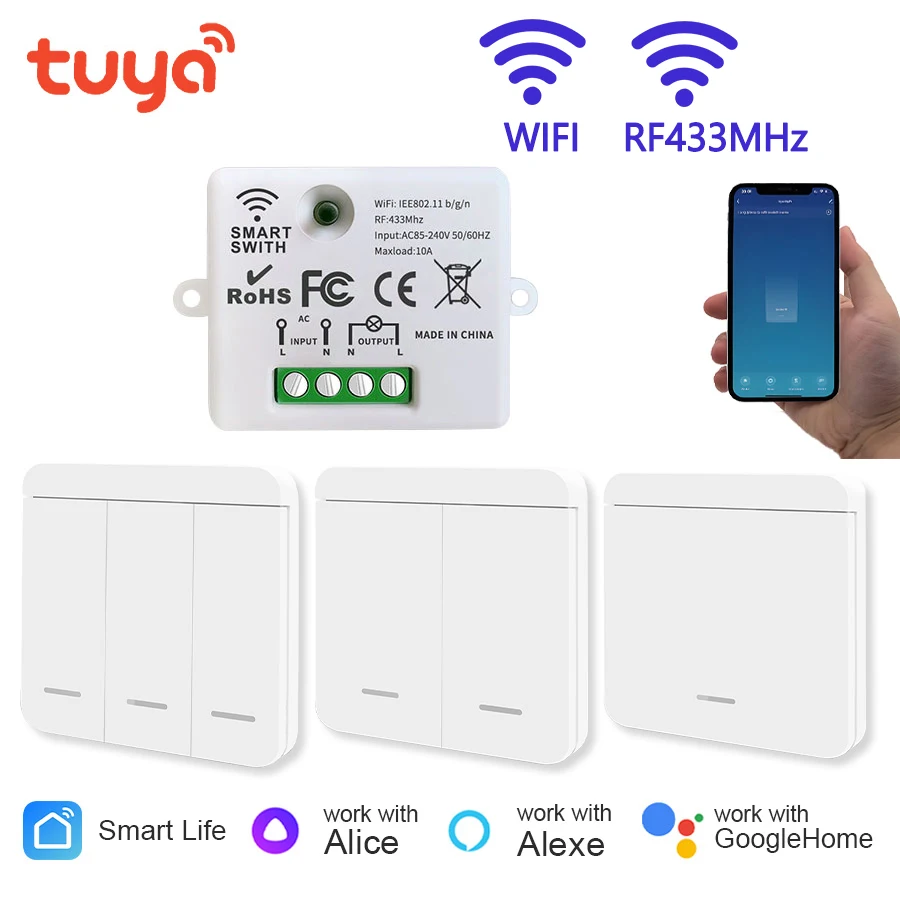 WiFi Light Switch Tuya Smart Home Smart Life Rf433MHz Wireless App hlasové ovládanie inteligentná domáca práca s Google Home Alexa Alice