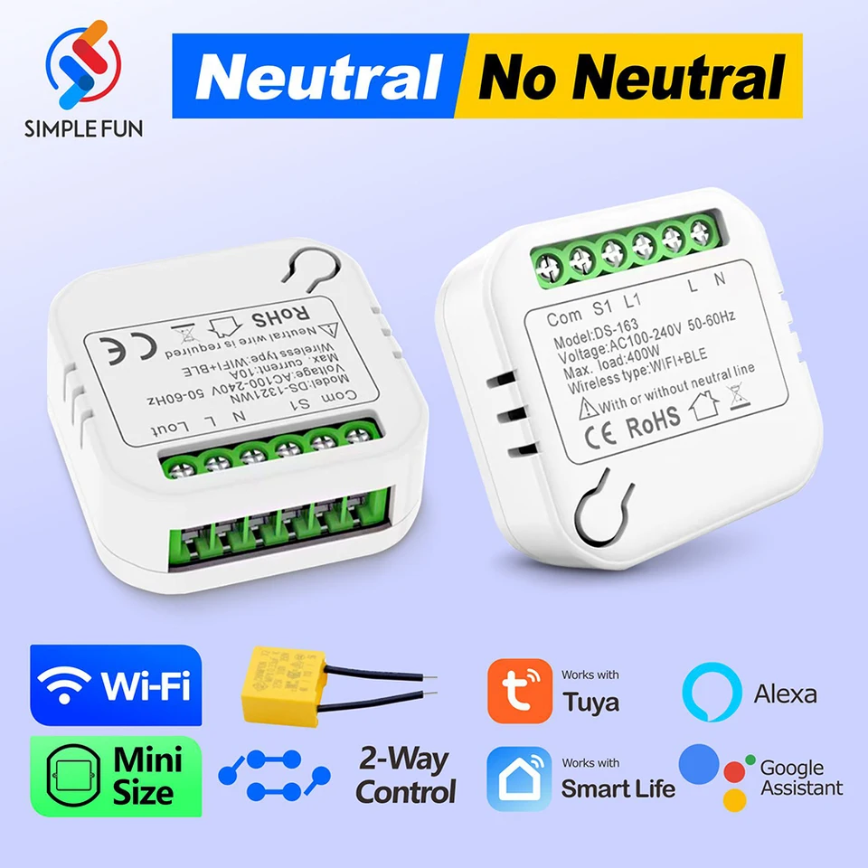 WiFi Mini Smart Light Switch Modul neutrálny/bez neutrálneho ovládania AC 110V 220V Práca s Tuya Smart Life Google Home Alexa