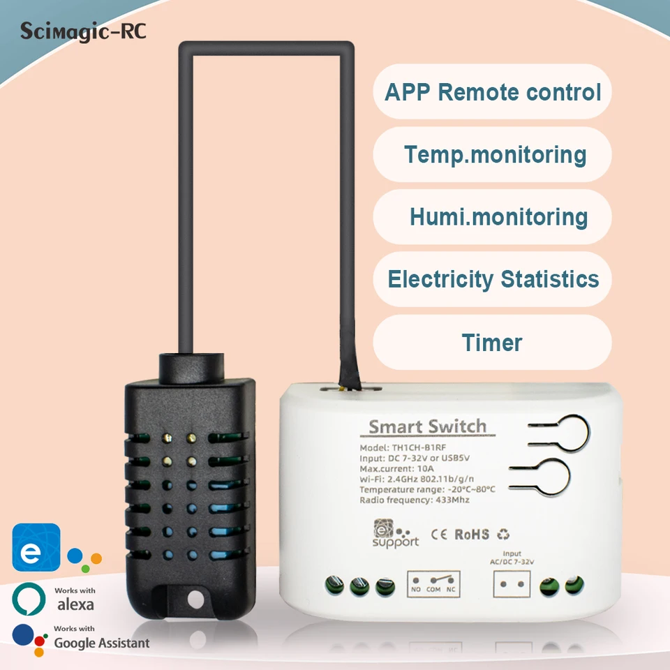 WiFi Smart Switch Teplota Vlhkosť Monitor Senzor AC DC 7-32V 85-250V Prijímač modulu kompatibilný s Ewelink App Alexa
