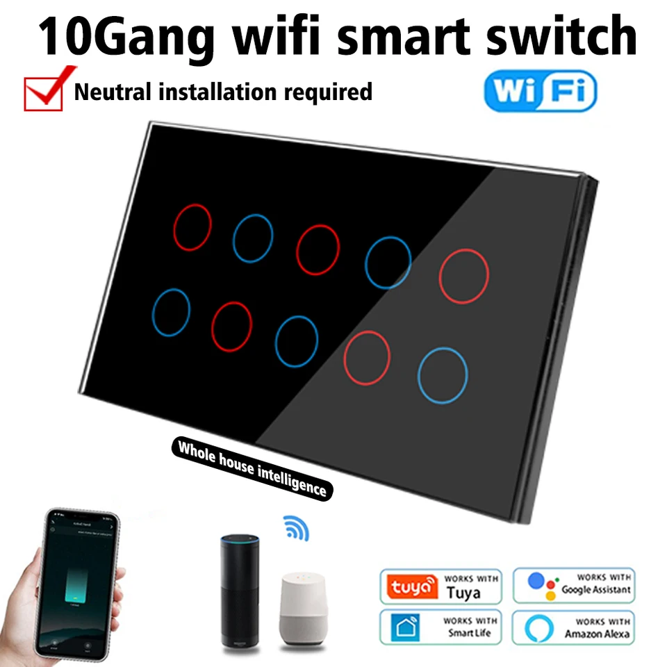 WiFi Smart Touch Light Wall Spínač prerušovača sklenený panel 8/10 Gang 147*86 mm práca TUYA Aplikácia Celý dom inteligentné ovládanie
