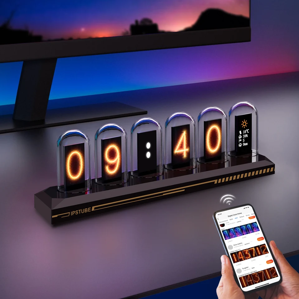 WiFi USB LED LOWS Nočné svetlá RGB Nixie Digital Tube Clock Bluetooth IPS farebná displej s obrazovkou Game Desktop Dior Darček