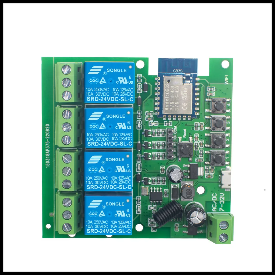 WiFi Wireless Switch Smart Modul 4 Ch DC5V 12V 32V 110V 220V, Indecing Self-Lock, RF433 10A Relé, Smart Life TUYA Control App Control