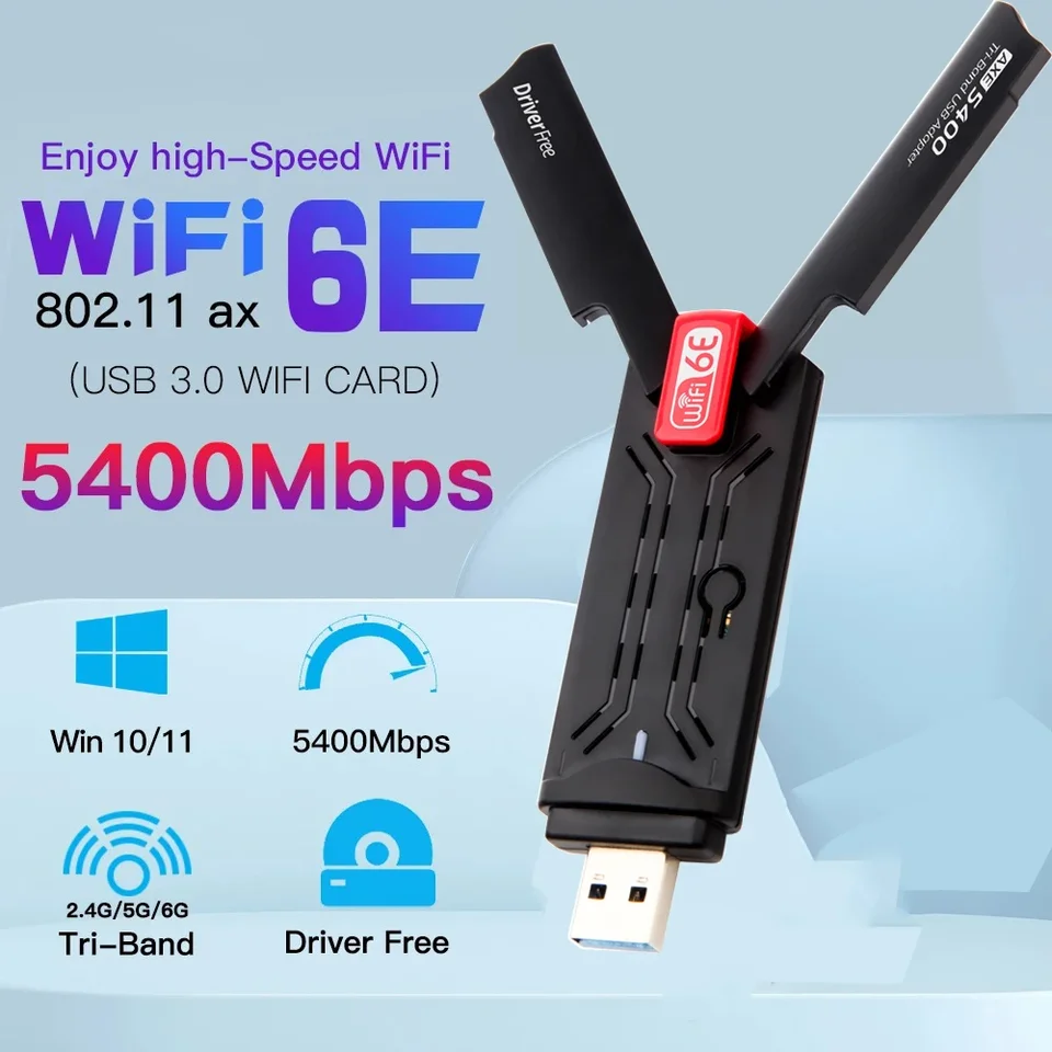 WiFi6e AX5400 USB 3.0 Wireless Adapter 2,4 GHz/5GHZ/6GHz Wi-Fi Booster s anténom s vysokým ziskom pre ovládač Win 10/11 zadarmo