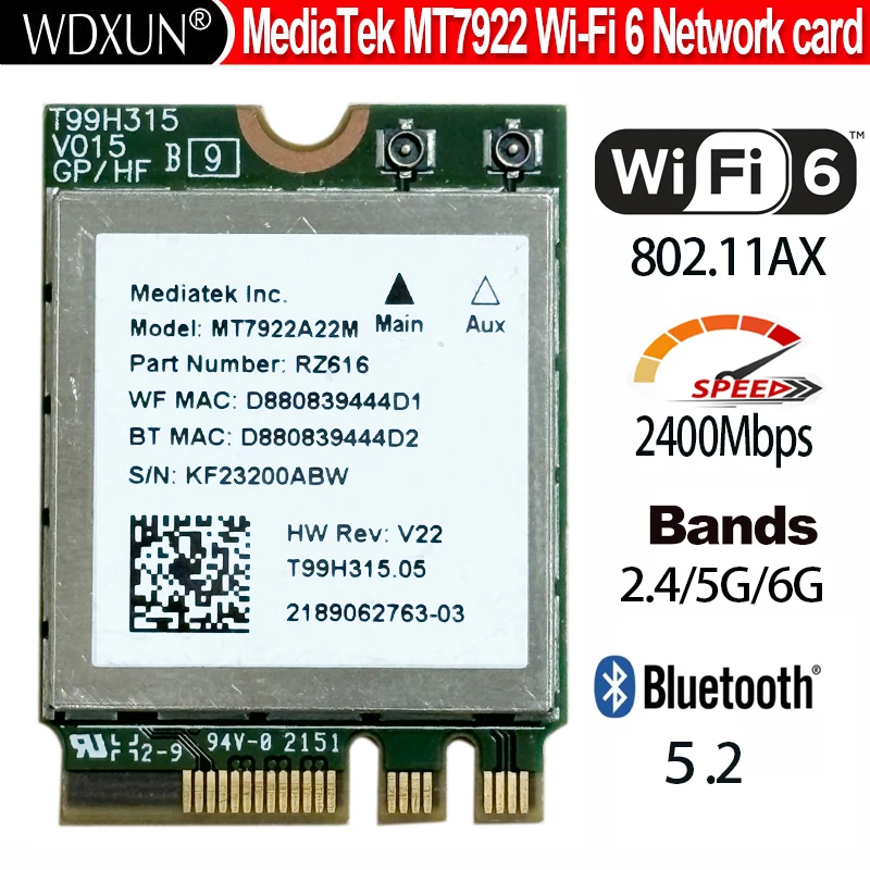 WiFi6E MT7922 MT7922A22M 2400MBPS WIFI karta 2.4/5/6G Bluetooth 5.2 BT5.2 Bezdrôtový adaptér bezdrôtovej karty 2400 m M.2 NGFF
