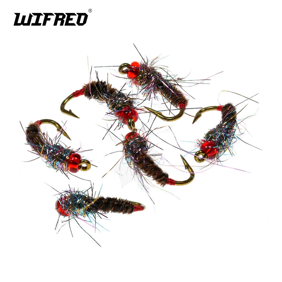 Wifreo 6pcs #14 Plastové červené korálky hlava Midge nymf Páv Herl Hackle Fly Fly Hoy Hook Pstruh Pstruh basový rybársky múch Lázy návnady