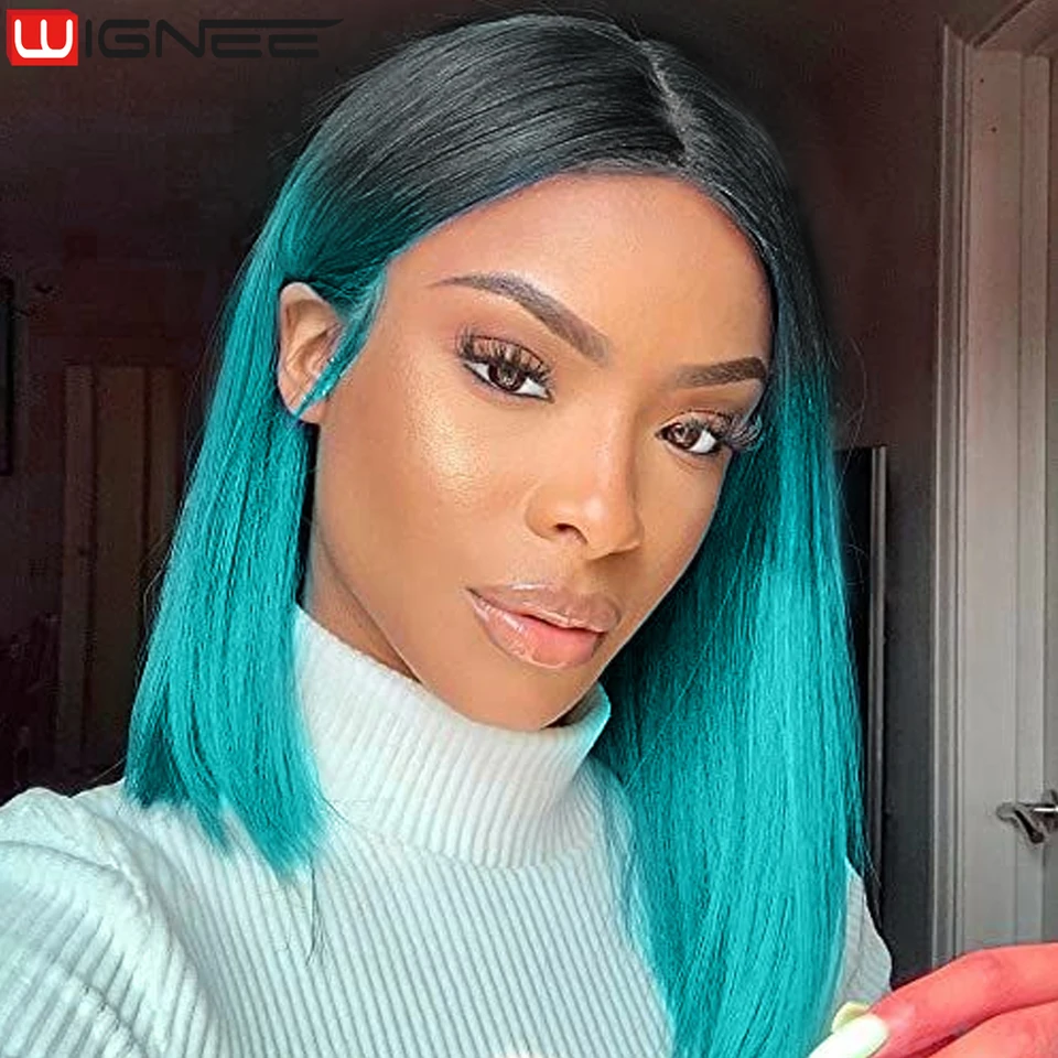 Wignee Rovné krátke parochne pre čierne ženy Syntetické vlasy modrá parochňa Bluish Green Middle Part Bob Parochňa Červená/fialová/čierna parochňa