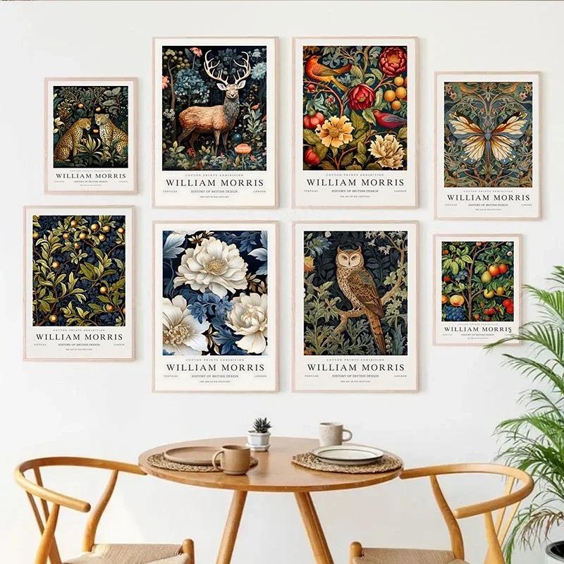 William Morris múzeum výstava plagát jeleň vták Owl ovocie Motýfly Peacock Flower Canvas maľba tlač Wall Decor Decor Decor
