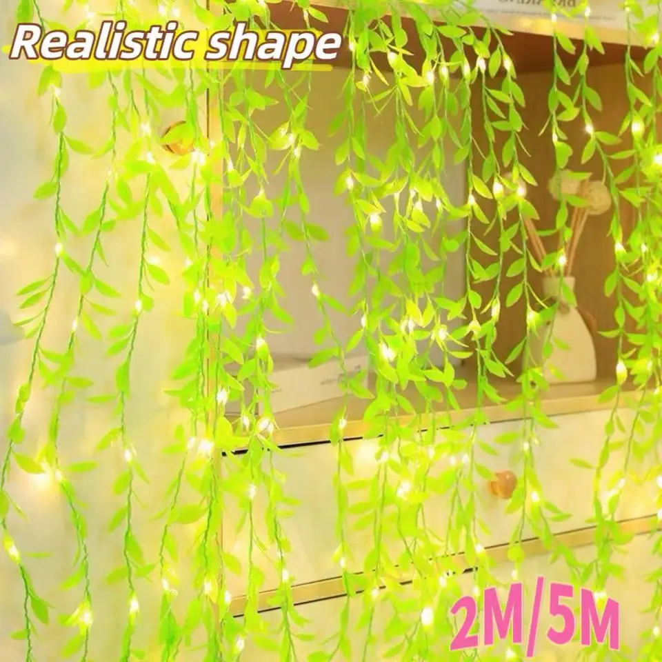 Willow Lamp String Green Leaf Ivy vinič s LED svetlami Domáce dekorácie Svadba Žiarivá rastlina Girland Led Flower Green