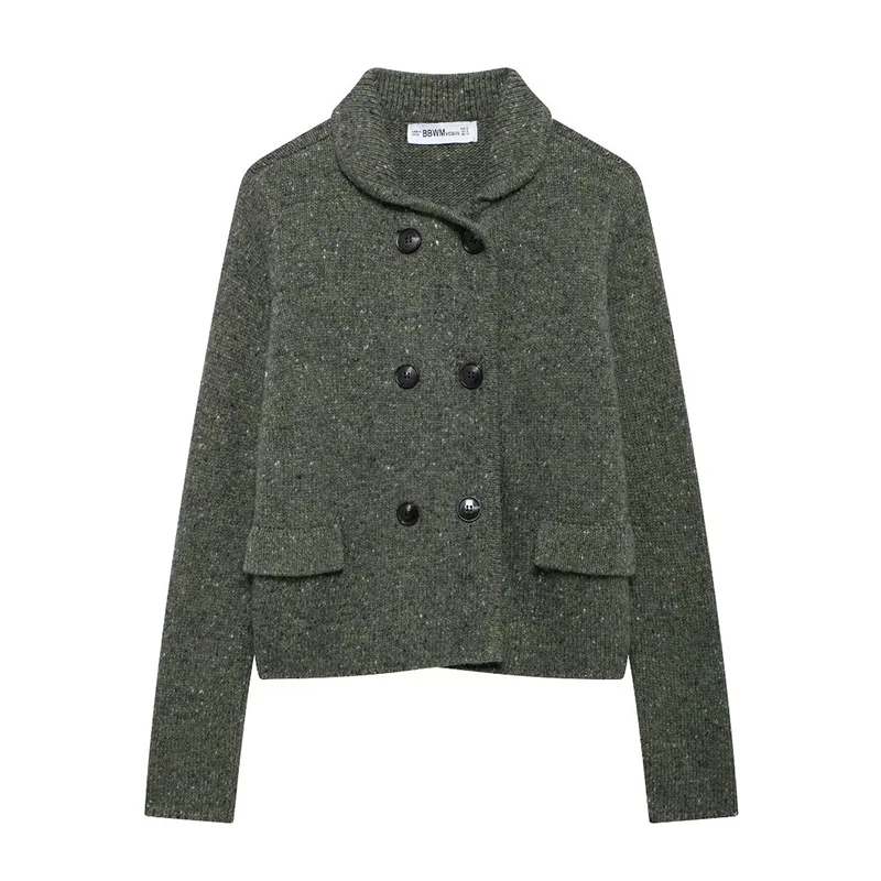 Willshela Women Fashion Army Green Double Breastted Pletitý sveter Vintage klopa krk dlhé rukávy Dlhé rukávy ženské elegantné dámske oblečenie