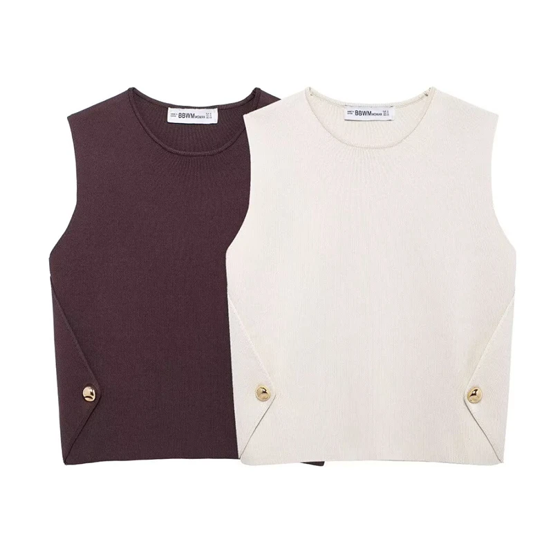 Willshela Women Fashion s gombíkom Solid Cittted Pullover Sweater Vest Vintage O-krk bez rukávov bez rukáv