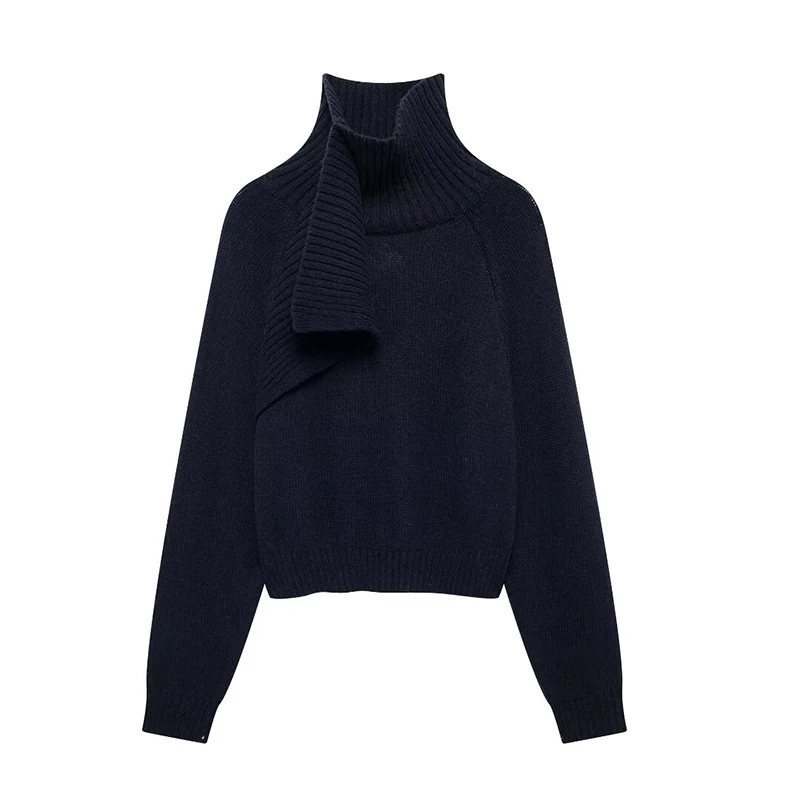 Willshela Women Fashion s šálmi Navy modrý pletený sveter vintage vysoký krk dlhé rukávy ženské elegantné dámske vrcholy