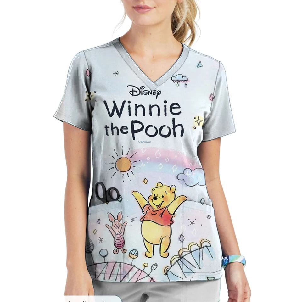 Winnie the Pooh Clinic nemocničná sestra pracovné odevy zuby 3D tlač Tričko Dámske vreckové vrecko vrecka vrecka Ošetrovateľstvo Top práce