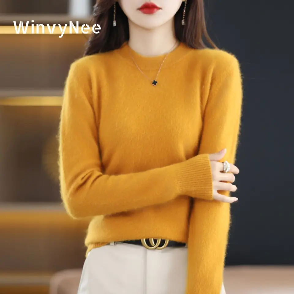 Winvynee Dámske oblečenie Spring Mink Cashmere Sweaters o krk teplé tuhé neformálne pulóve mäkké vrchné odevy nadmerné vrcholy A1248012A