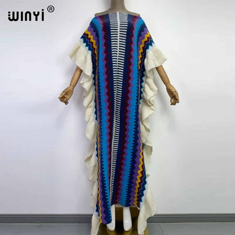 Winyi 2022 Nové pletacie dúhové tlače pohodlie teplé zimné módne prázdninové šaty elegantné Afrika Ženy boho párty dlhé šaty