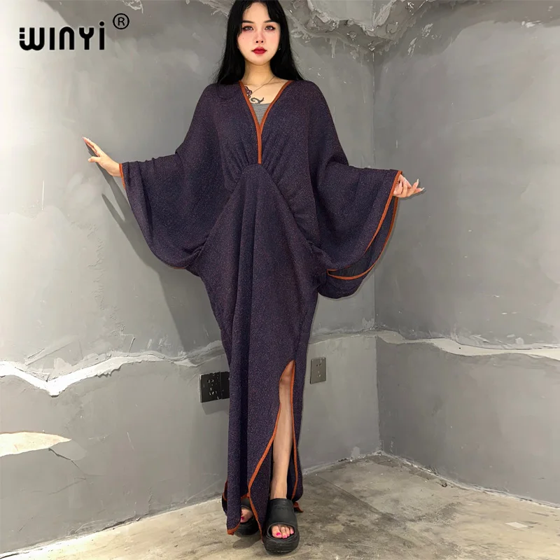 Winyi 2023 Spevnená farba skladaná hrana Deep V Sexy maxi dlhé šaty Ženy Batwing Ruckve Holiday Elegantné večerné šaty módne šaty módne šaty