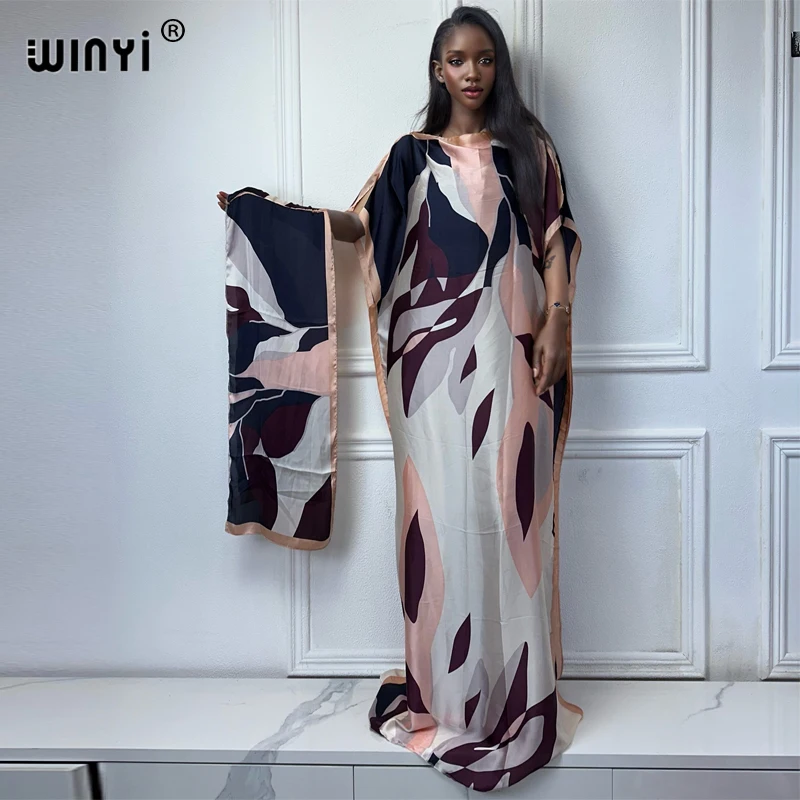Winyi Abaya Ženy Moslimské súpravy Šaty African Dubai Abaya Crew Print Tlač kaftanu elegantné šaty maxi dĺžky, plážové krytie