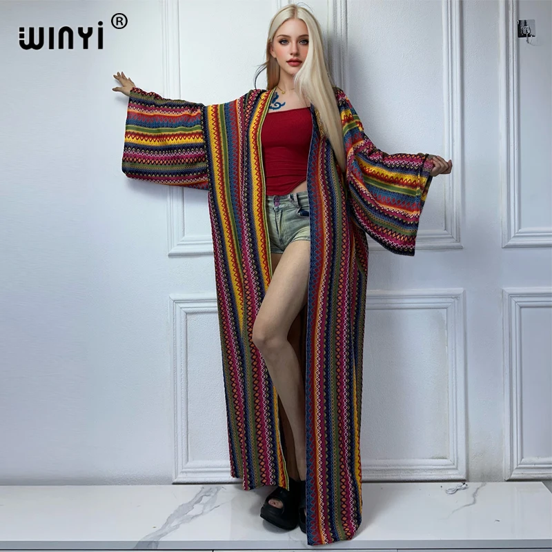 Winyi Africa Kimono Etnicko Jacquard Cardigan Elegantné bikiny zakrývajúce kabáty plavky plážové oblečenie pre ženy šaty módne kaftan