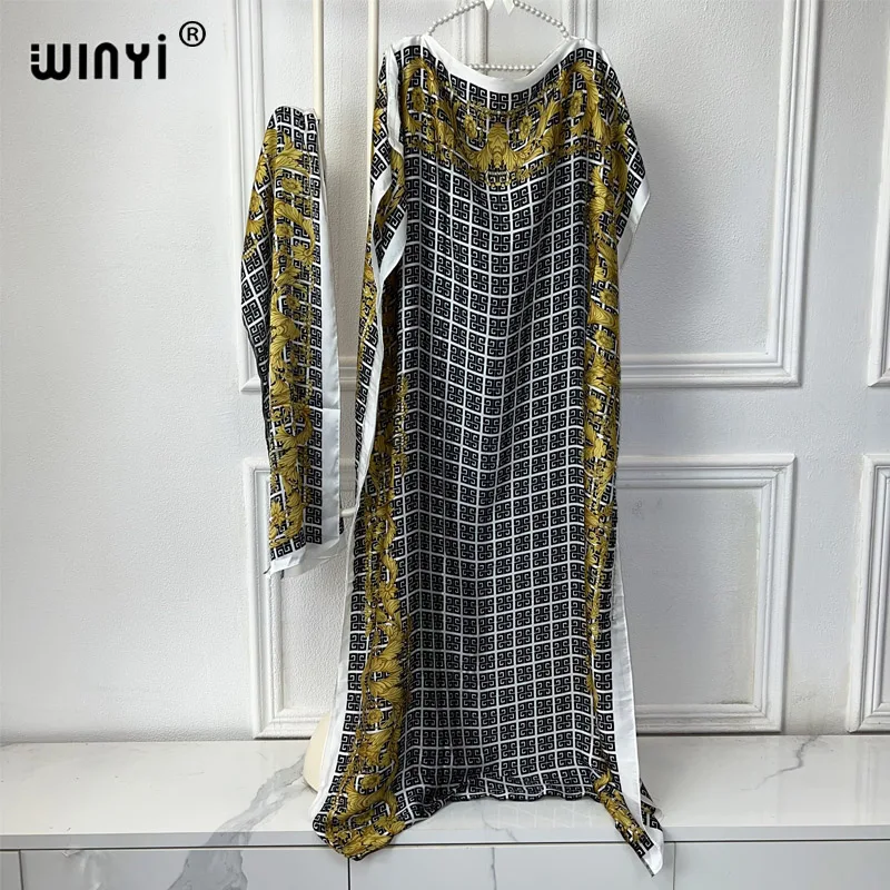 Winyi African Dress Woman Elegantné abaya dubaj luxusné moslimské šaty posádka krk klasický boho tlač kaftan maxi dĺžka večerné šaty
