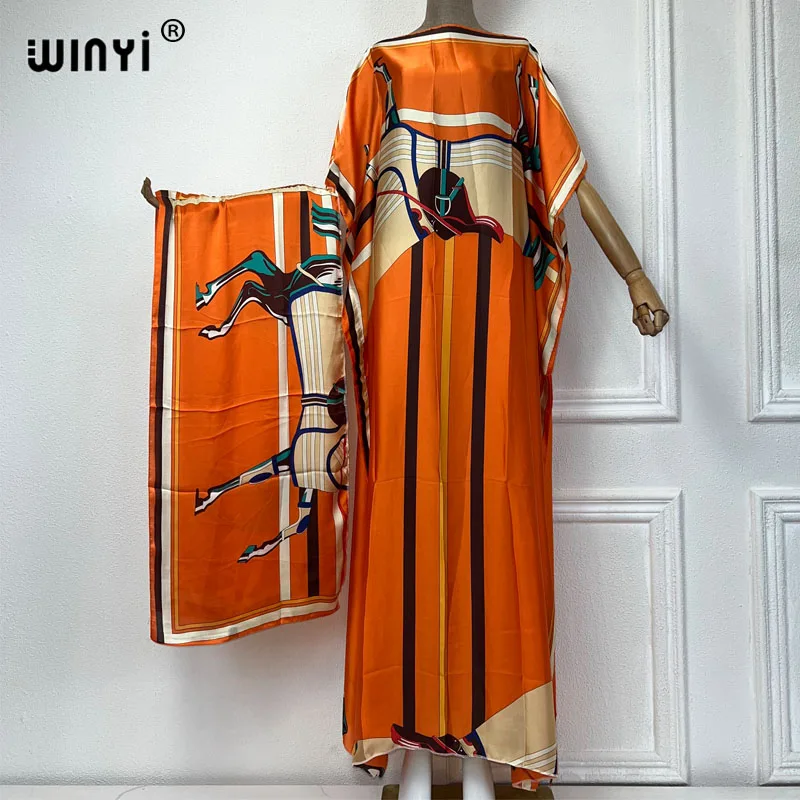 Winyi Bohemia tlač africké šaty pre ženu s opaskom Dubaj Muslim Dashiki kaftan Afrika oblečenie večerné šaty ABAYAS ABAYAS