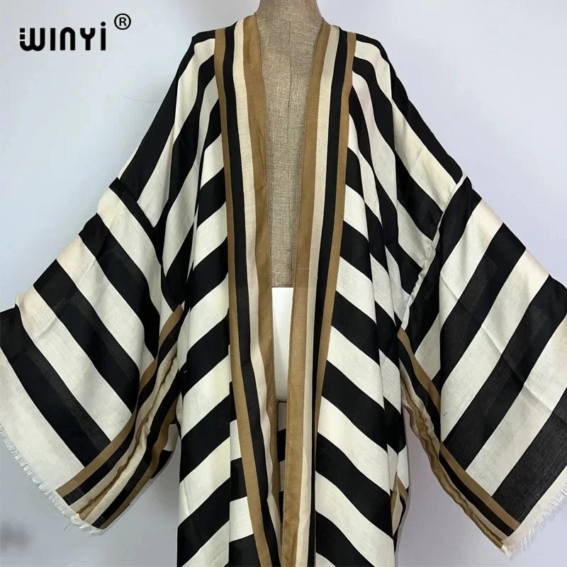 Winyi Kimono Africa Summer Boho Stripe Print Beach Swimwear Elegant Cardigan Sexy Holiday Maxi plážové nosenie plavky večerné šaty