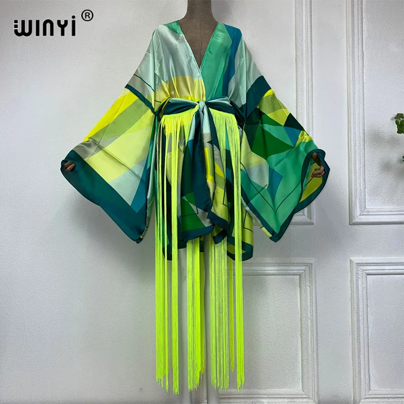 Winyi kimono boho móda africa Beach Wear Wear Summer Classic Bikini Cover-up Cardigan Sexy dovolenka s dlhým rukávom šaty