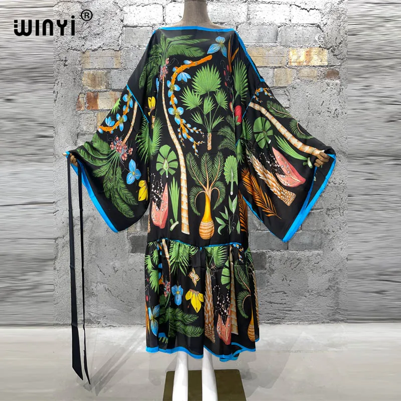Winyi Summer Fashion Women Casual Floral Elegant Elegant Evening Party Beach dlhé maxi šaty s pásom Abayafashion kaftan