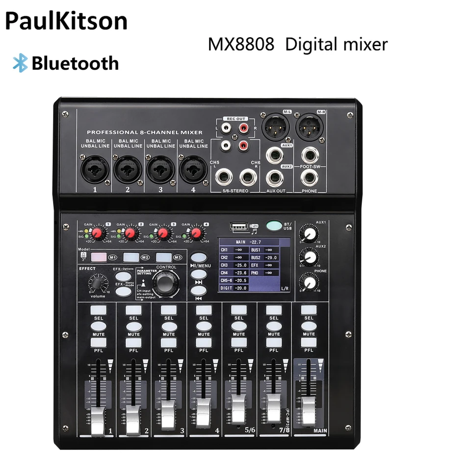 Wireless 8Channel Audio Digital Mixer Portable Sound Mixing Console Bluetooth USB rozhranie MP3 Vstup počítača 48V Phantom Power