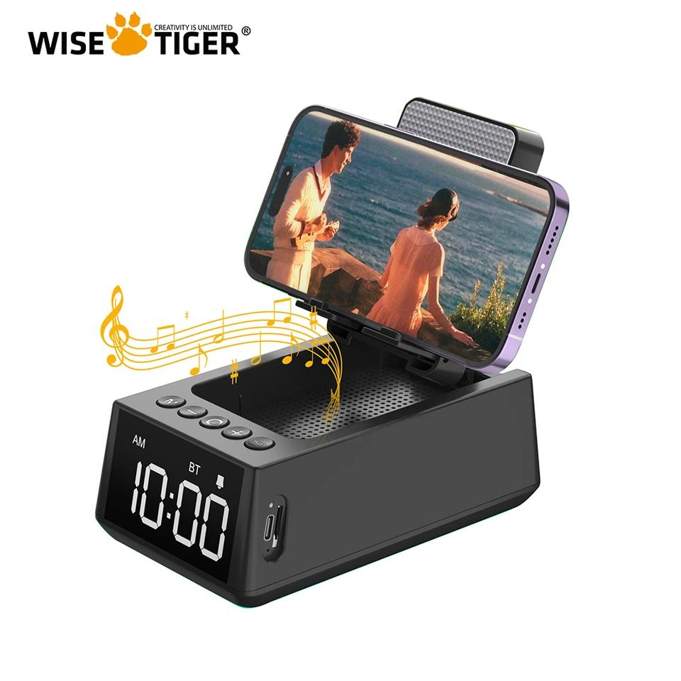 Wise Tiger Bluetooth Spotrebný zloženie 3 v 1 bezdrôtový reproduktor s hlasným budíkom mobilný telefón stojan 12h displej reproduktora
