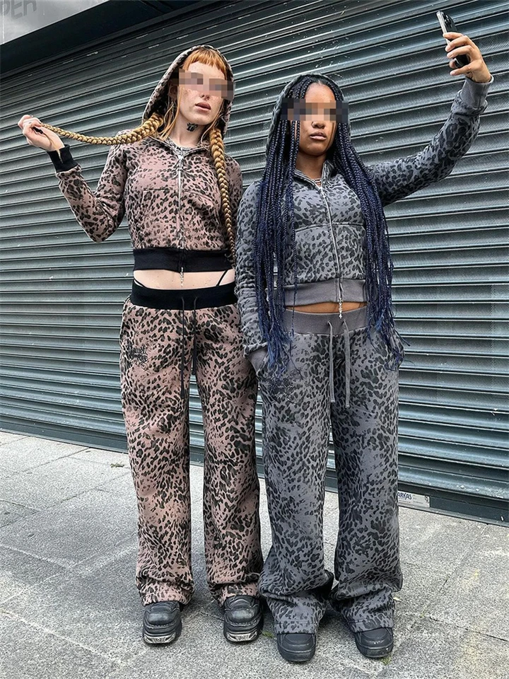 WLWXR Winter Dámska leopardová tlač 2-dielnu súpravu Y2K Grunge Outfits 2024 Zips-up orezaná kapucňa+sada s priamymi nohavicami s priamymi nohavicami
