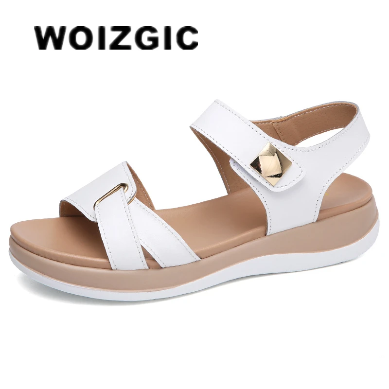 Woizgické ženy Ženy Ženy Dámy Matka Originálne kožené topánky Sandále Flats Soft Hook Loop Kórejská blingová letná pláž Veľkosť 35-40