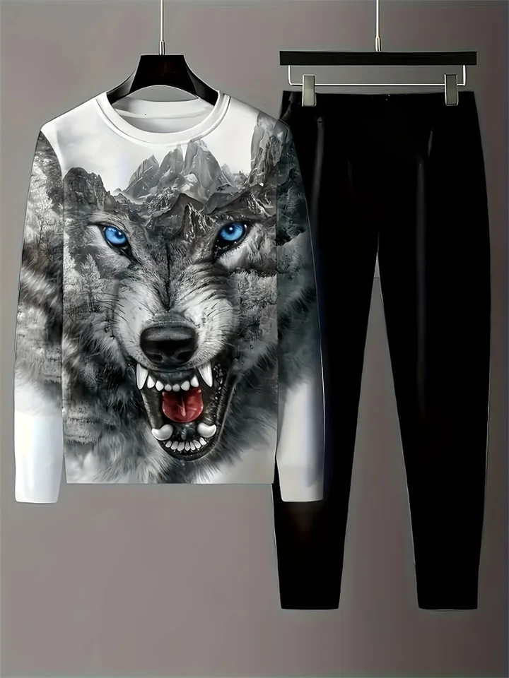 Wolf Print Men's Sets 2-dielna sada jar a jesenná pánska denné príležitostné rukávy s dlhým rukávom Tričko Outdoor Street Fashion Pánske nohavice