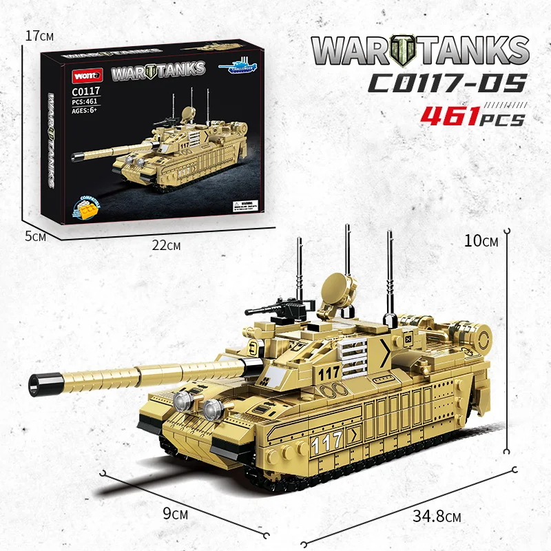 Woma Creative Challenger 11 Hlavný bojový tank stavebný blok Blokovanie modelu Zostava Zostava Blokovanie hračiek pre domácich majstrov a dievčenských hračiek