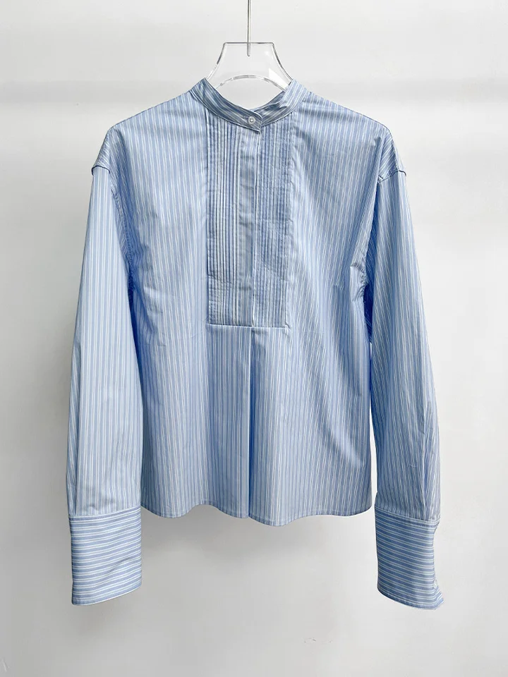 WOMEM COSTAL Blue pruhovaná košeľa Príležitostné dámy stojan na golier s dlhým rukávom Elegantné dochádzajúce dochádzajúce voľné fit s pullover blúzkou a horná blúzka