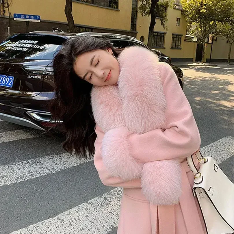 Women Clothing Winter Coat Pink High end Temperament Socialite Style Fur Collar Thick Warm Wool Long Coat Women Winter Clothes